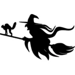 Witch and cat on broomstick silhouette